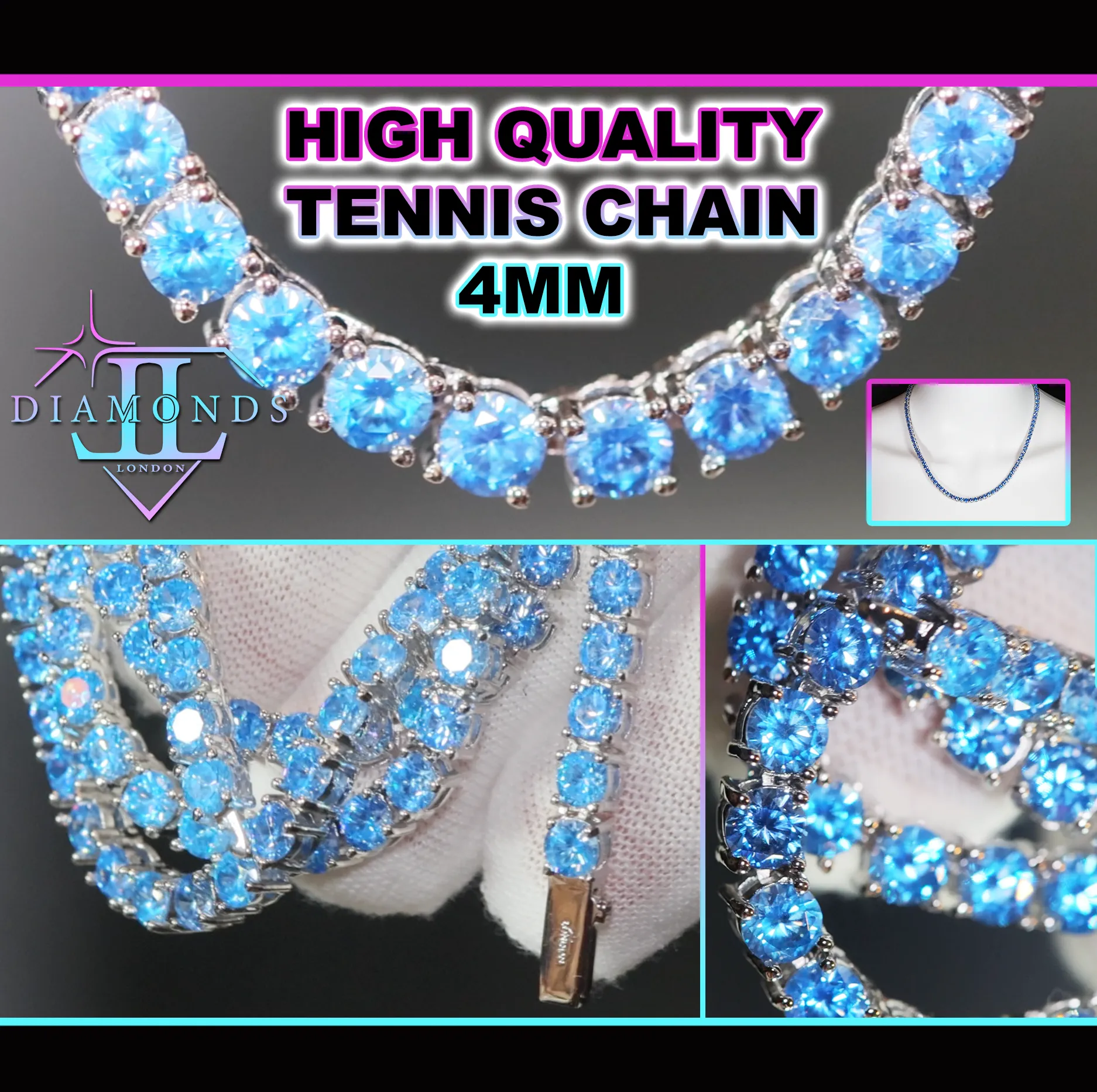 Tennis Chain | Blue Diamond Tennis Chain | Tennis Necklace | Aquamarine Tennis Chain