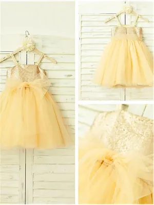 Tulle Princess Spaghetti Straps Sleeveless Flower Girl Dresses Tea-Length Dress