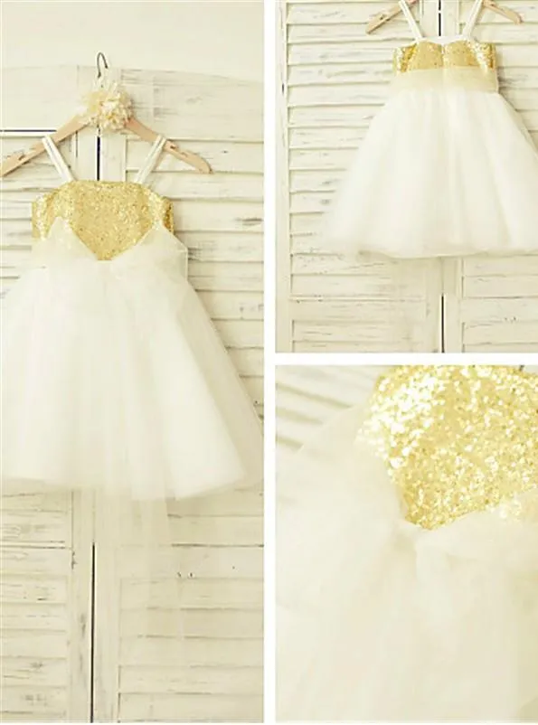Tulle Princess Spaghetti Straps Sleeveless Flower Girl Dresses Tea-Length Dress