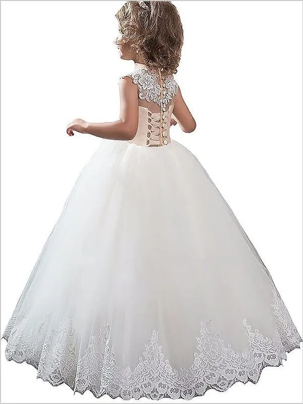 Tulle Scoop Sleeveless Flower Girl Dresses Floor Length Ball Gown With Applique