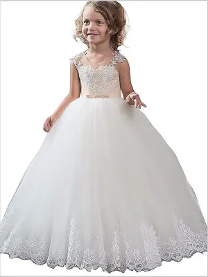 Tulle Scoop Sleeveless Flower Girl Dresses Floor Length Ball Gown With Applique