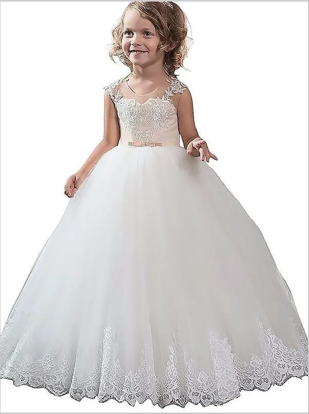 Tulle Scoop Sleeveless Flower Girl Dresses Floor Length Ball Gown With Applique
