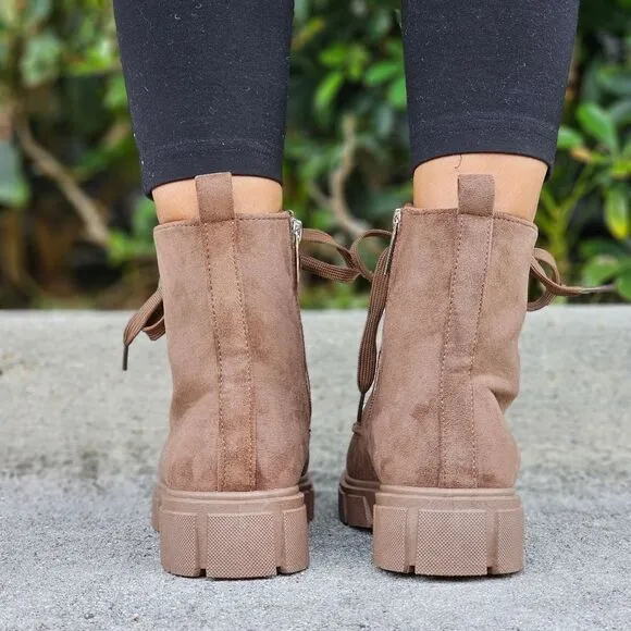 Womens Suede Nude Combat Ankle Boots Lace Up Heeled