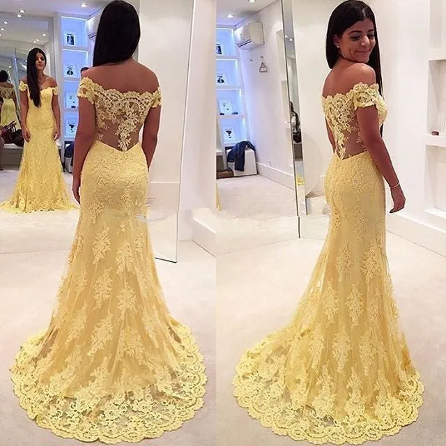 Yellow Lace Prom Dresses,Off Shoulder Prom Dress,Evening Dress